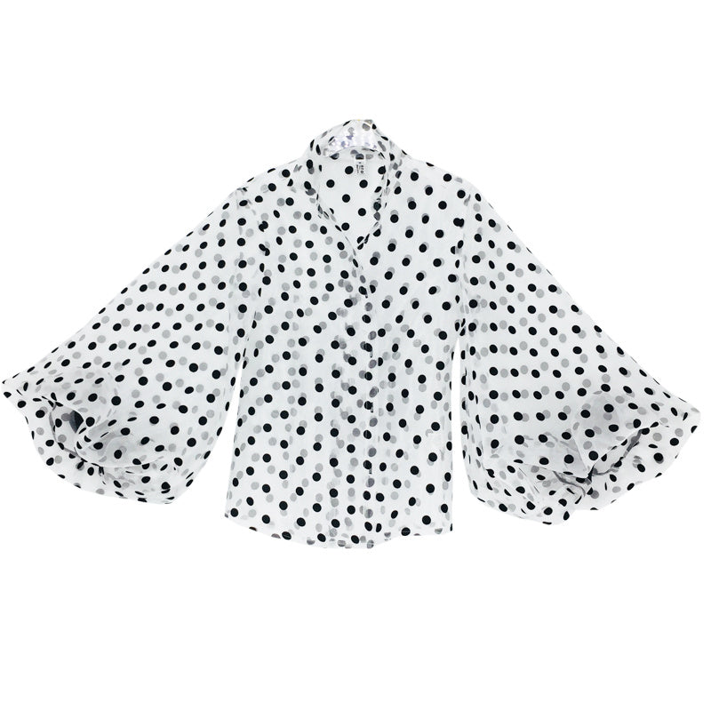 Female Organza Large Lantern Sleeve Polka Dot Perspective Shirt ARZ