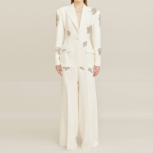 New Diamond-embedded One Button Suit Coat Wide-leg Pants Suit Two Pieces ARZ