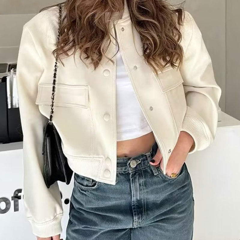 Fashion Button Stand-collar Jacket With Big Pockets Casual Loose Short Outwear Tops Coat For Women Clothing ARZ