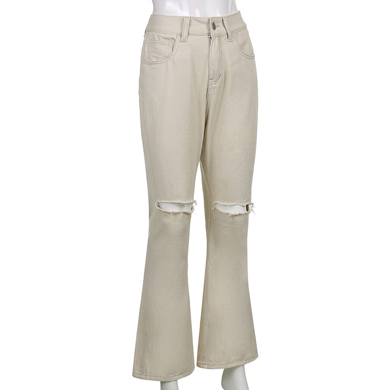 Casual Wide-leg Pants Ripped High-waist Denim Trousers ARZ