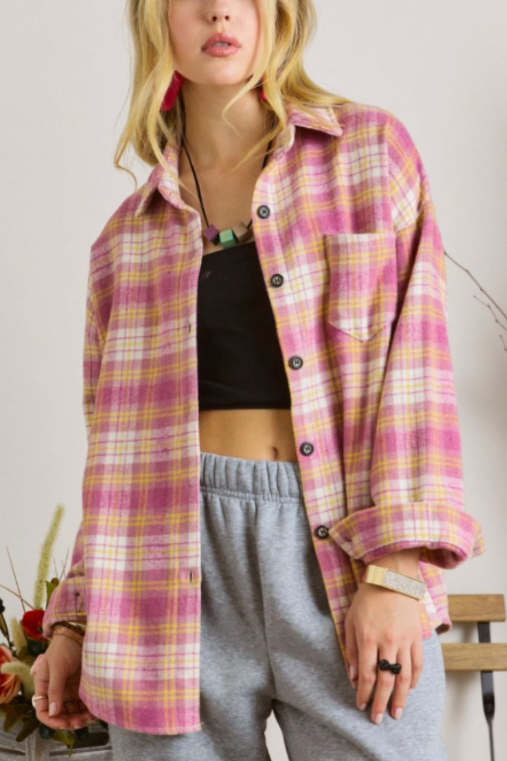 Plaid Collared Neck Button Up Shacket Trendsi