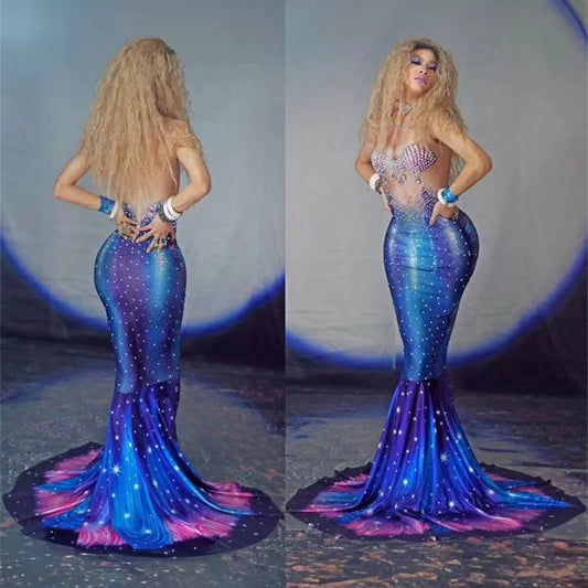 Mermaid Costume Blue Piranha Female Singer Hot Drilling ARZ