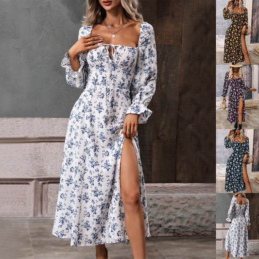 Flowers Printing Long Sleeve Dress Fashion Square-neck Bottom Slit Dresses Womens  Clothing ARZ