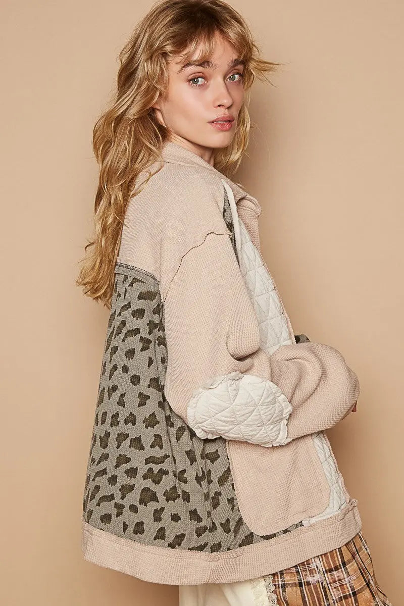 POL Leopard Exposed Seam Button Up Quilted Jacket Trendsi