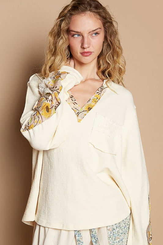 POL Lace Detail Flower Printed V-Neck Knit Top Trendsi