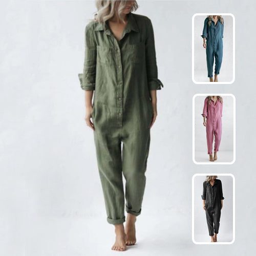 Casual Long Sleeve Jumpsuit With Pockets Fashion Loose Lapel Button Romper Pants Womens Clothing ARZ