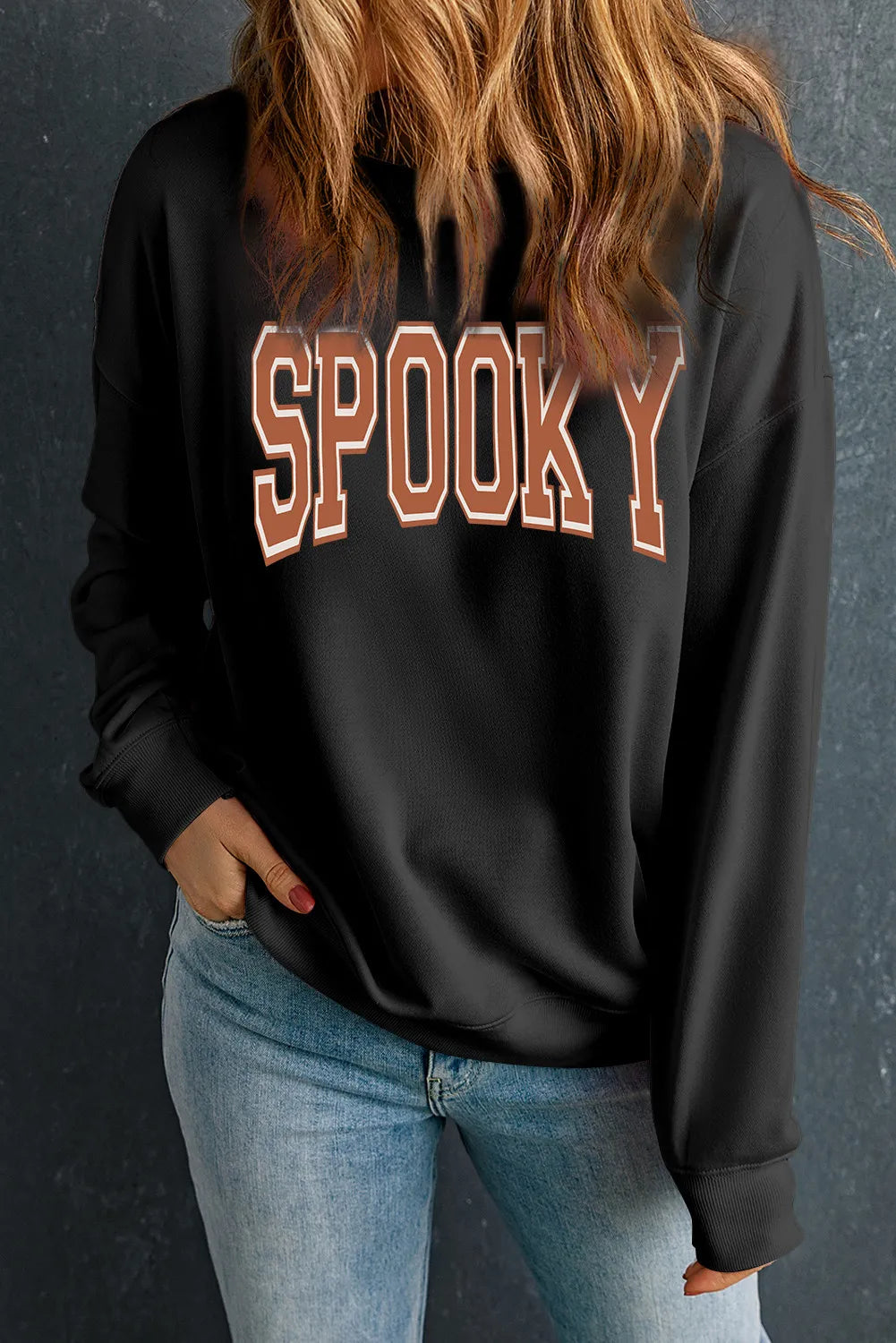 SPOOKY Round Neck Long Sleeve Sweatshirt Trendsi