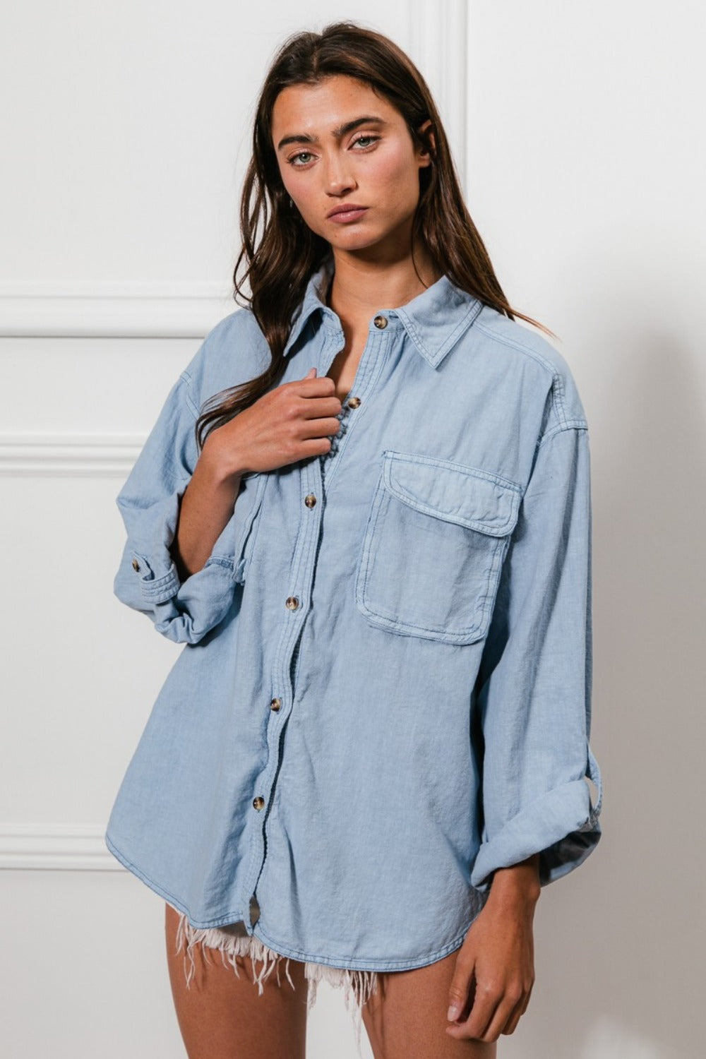 BiBi Button Down Stitch Detail Shirt with Chest Pockets Trendsi