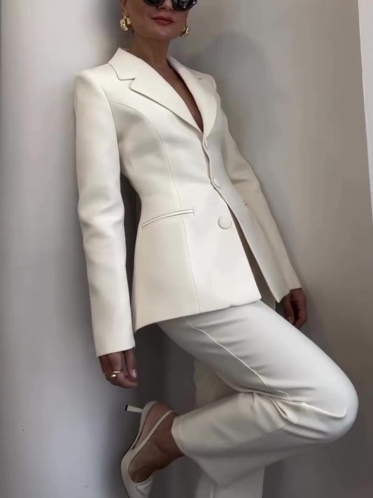 Classic Waist-cinched Blazer & High-waisted Pants White Suit ARZ