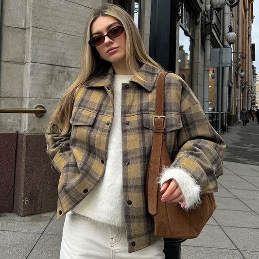 Woolen Plaid Loose-fitting Fashionable Jacket Top ARZ