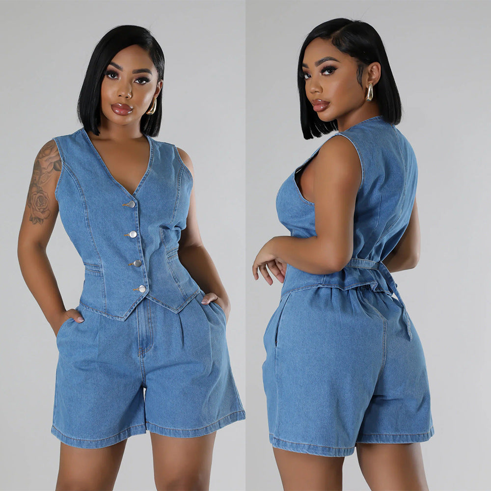 Fashion Casual Sleeveless High Waist Women's Denim Shorts Suit ARZ