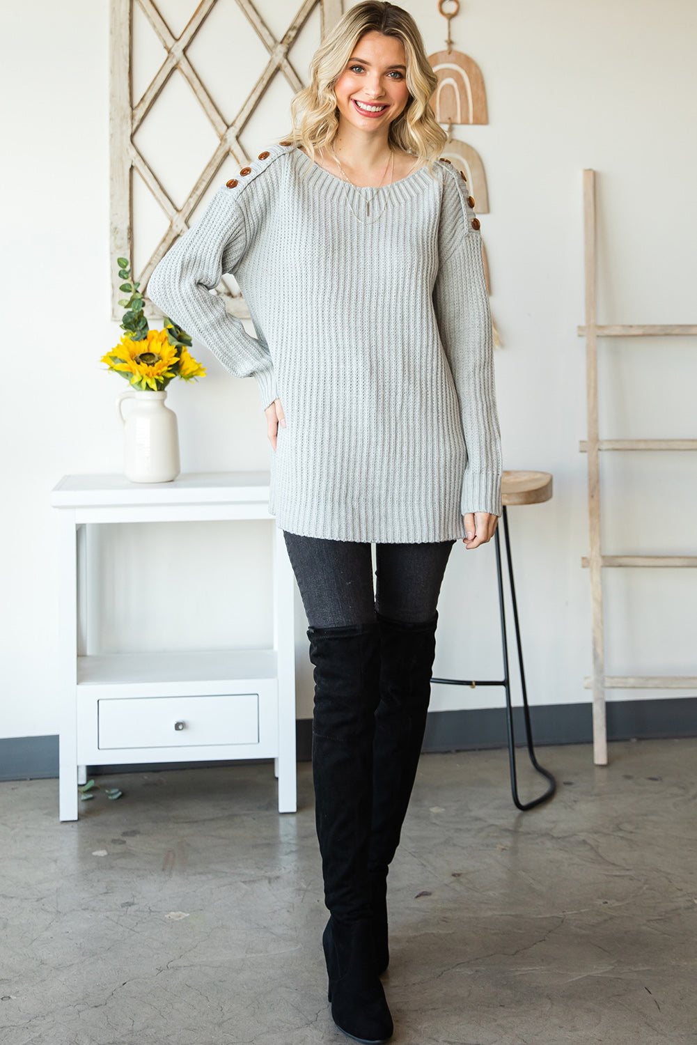 Side Slit Boat Neck Long Sleeve Sweater Trendsi