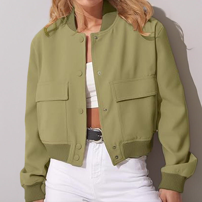 Fashion Button Stand-collar Jacket With Big Pockets Casual Loose Short Outwear Tops Coat For Women Clothing ARZ