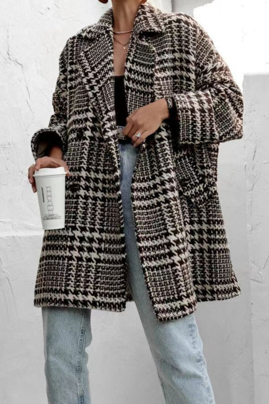 Houndstooth Collared Neck Long Sleeve Coat with Pockets Trendsi