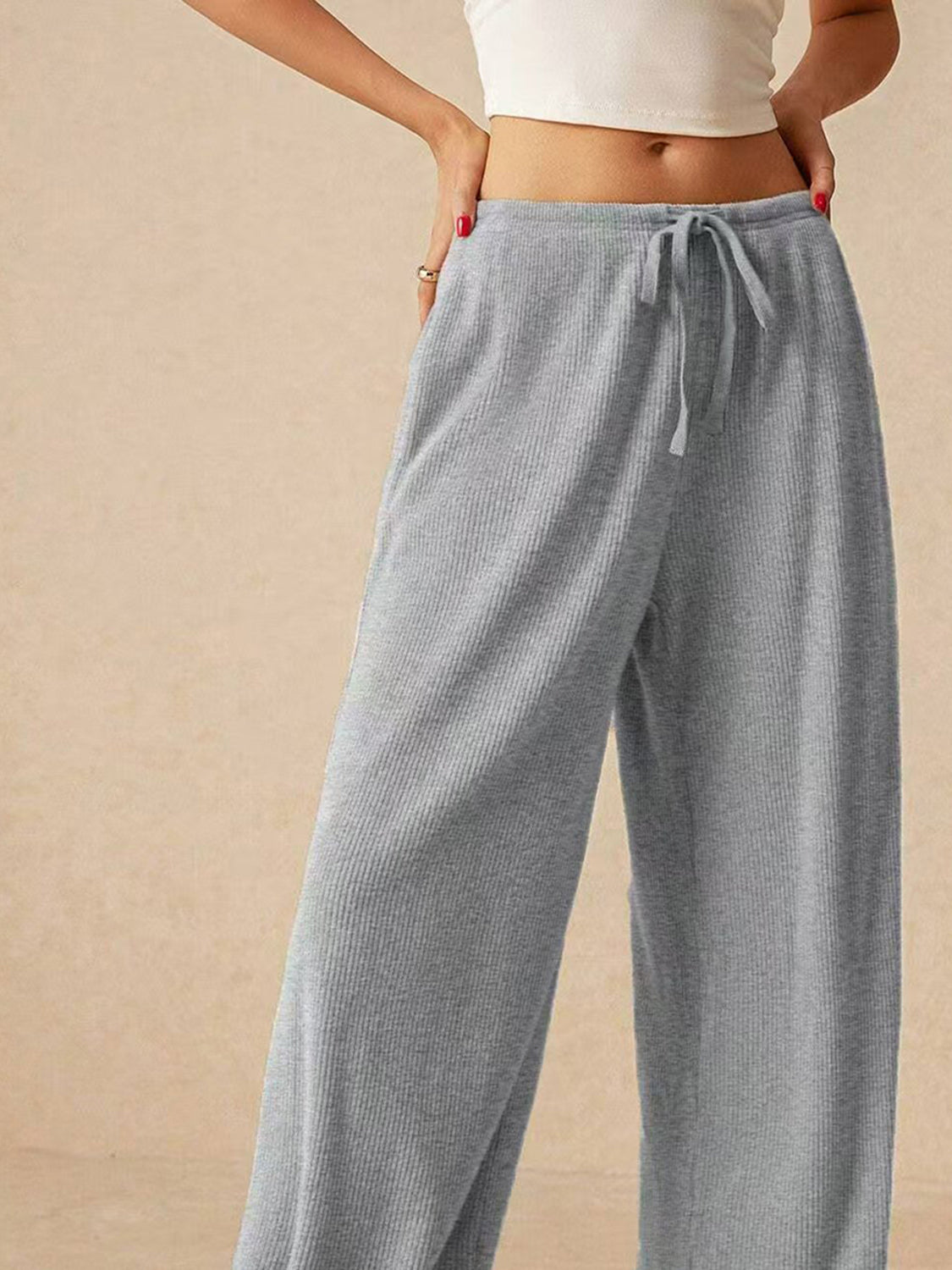 Stylish Drawstring Trousers - Ribbed Wide Leg Pants Trendsi