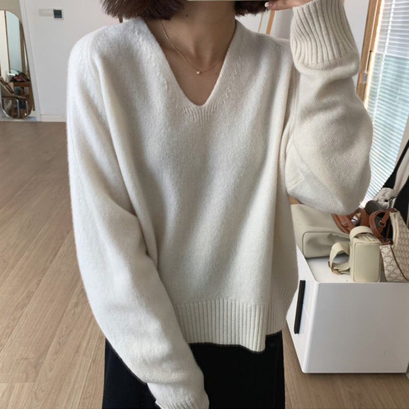 Simple Basic V-neck Casual Style Knitwear Soft Glutinous Small Short Bottoming Shirt Sweater ARZ