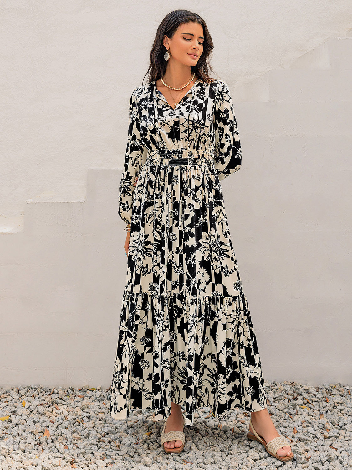 Smocked Printed Tie Neck Long Sleeve Dress Trendsi