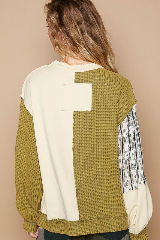 POL Exposed Seam Floral Patch Color Block Round Neck Sweatshirt Trendsi