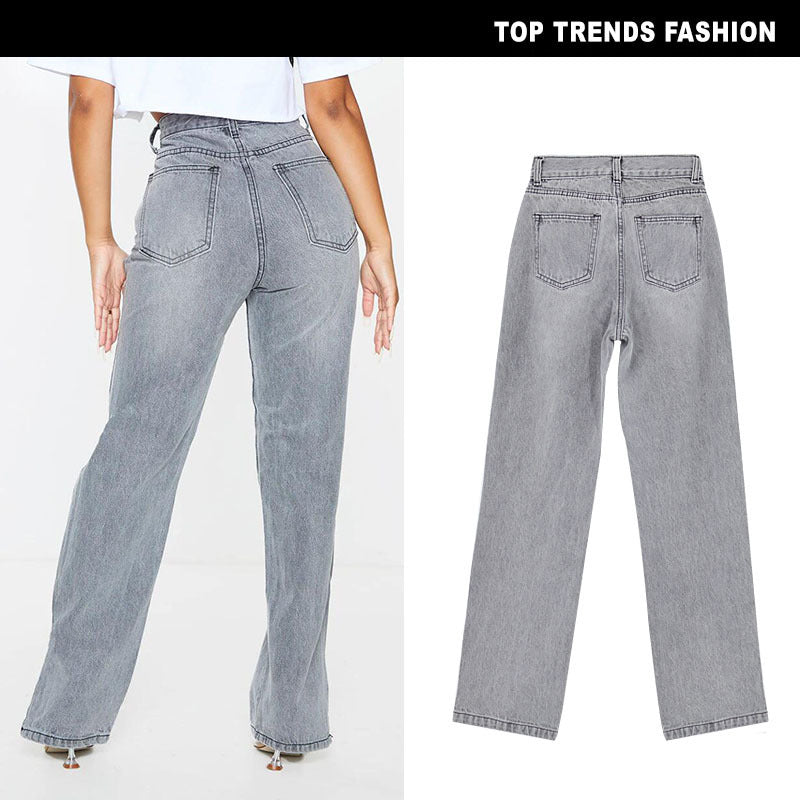 Women's High Waist Sand Gray Straight-leg Denim Trousers ARZ