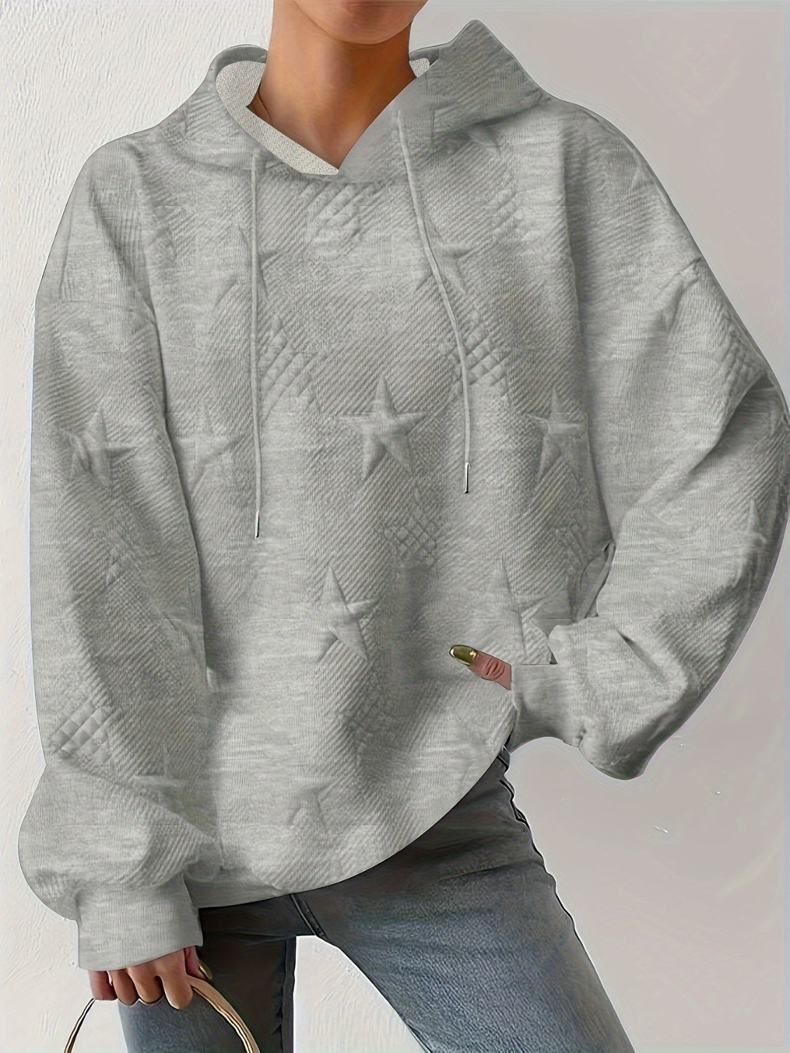 Drawstring Hoodie - Plus Size Star Texture Long Sleeve Hoodie Trendsi