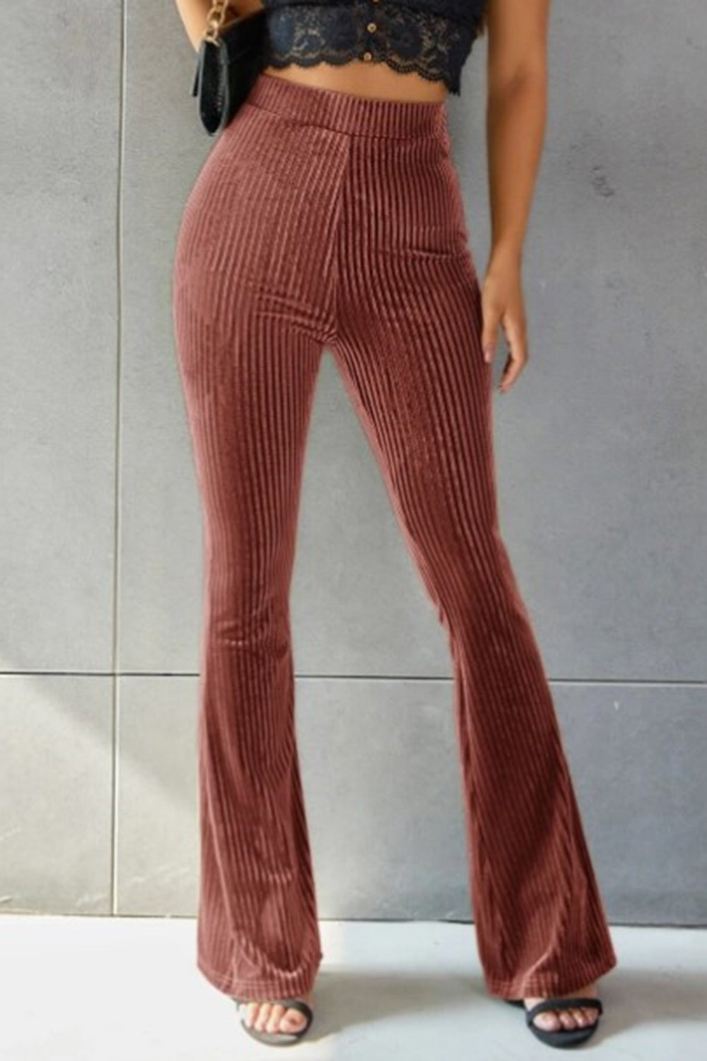 Stylish Ribbed High Waist Flare Pants for a Trendy Look Trendsi