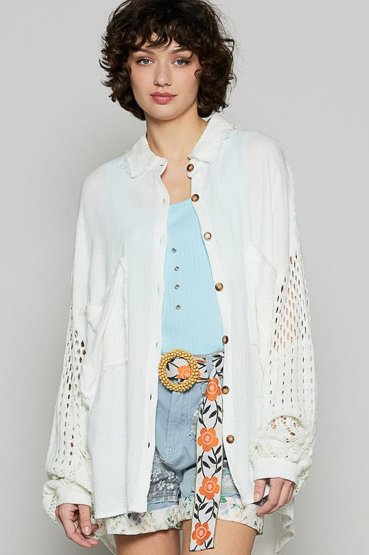 POL Openwork Lantern Sleeve Button Down Gauze Shirt Trendsi