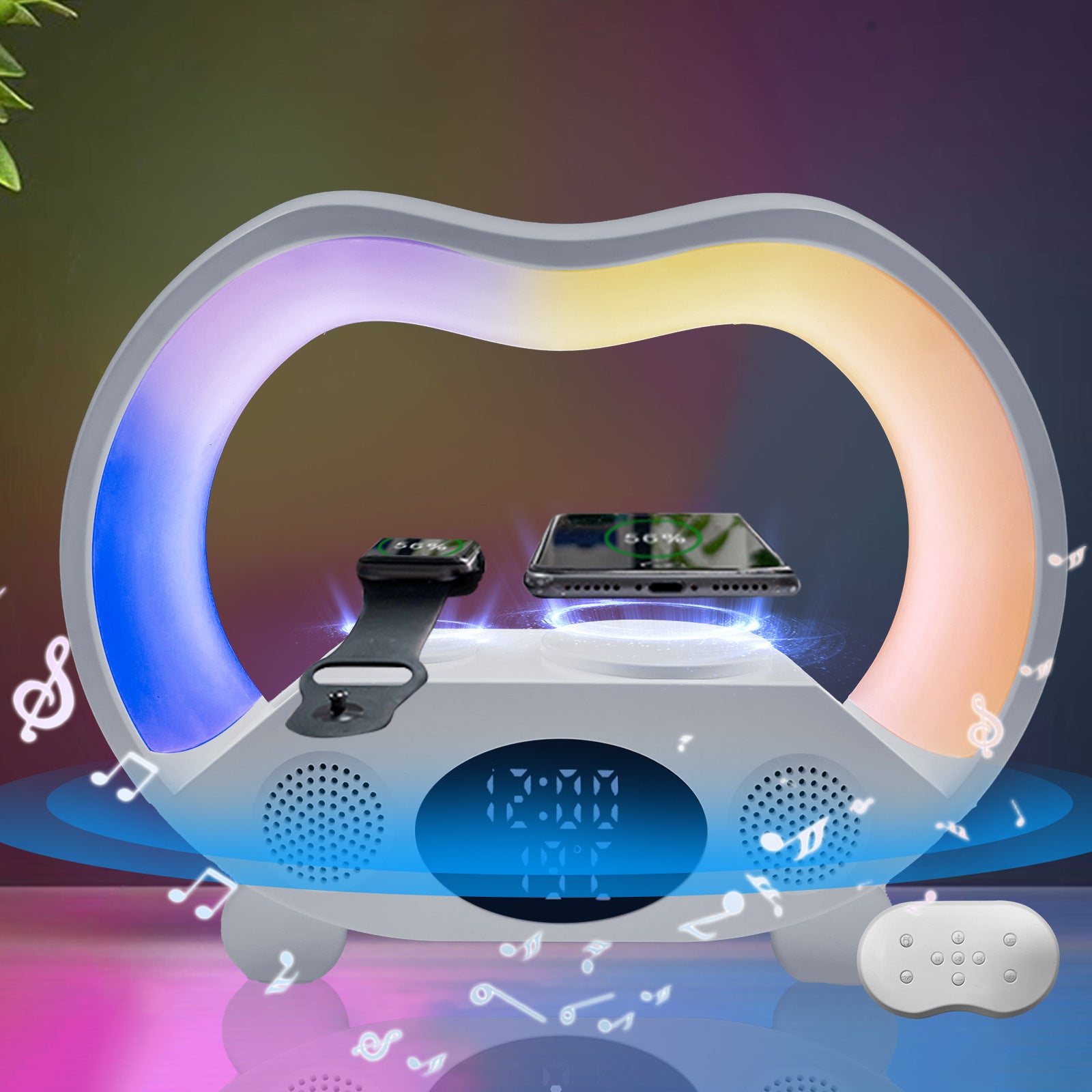 2024 New 6 In 1 Smart Remote Control Bluetooth Ambience Intelligent LED Table Lamp Multi-function Wireless Charger Night Light Bluetooth Speaker ARZ