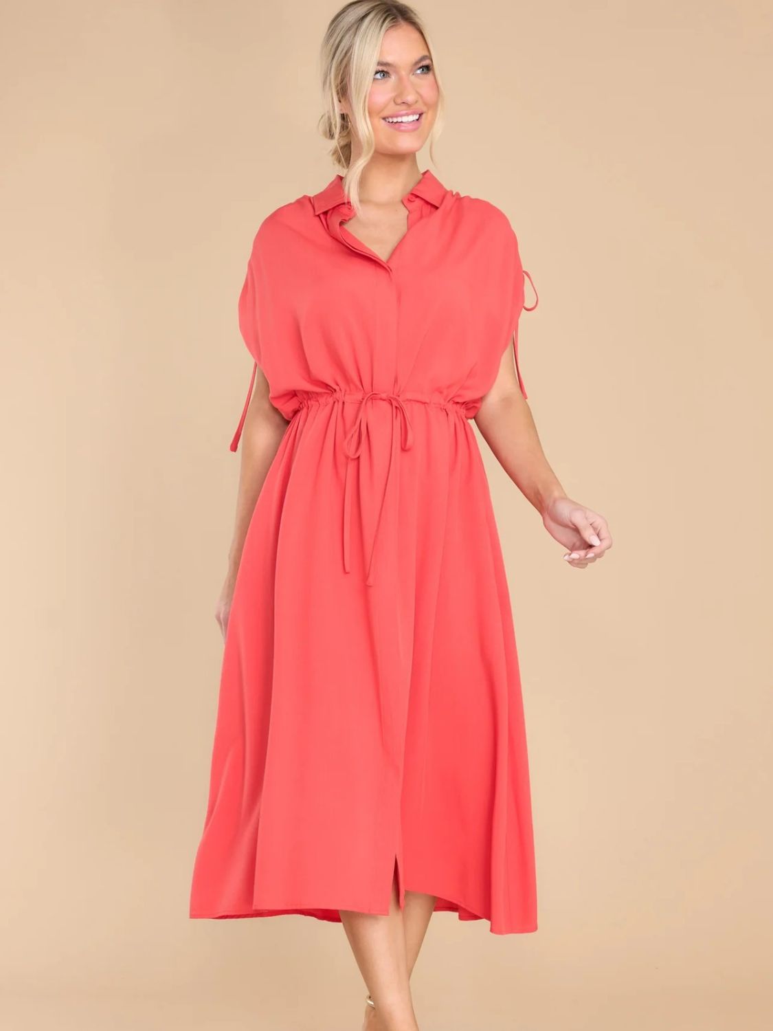 Drawstring Collared Neck Short Sleeve Midi Dress Trendsi