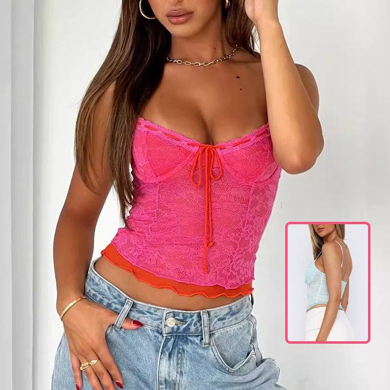 Sexy Lace Camisole Summer Slim Gauze Backless Vest Fashion Lace-up Top Womens Clothing ARZ