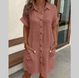 Summer Short Sleeve Shirt Dress Fashion Solid Color Single-breasted Mid-length Loose Dress ARZ