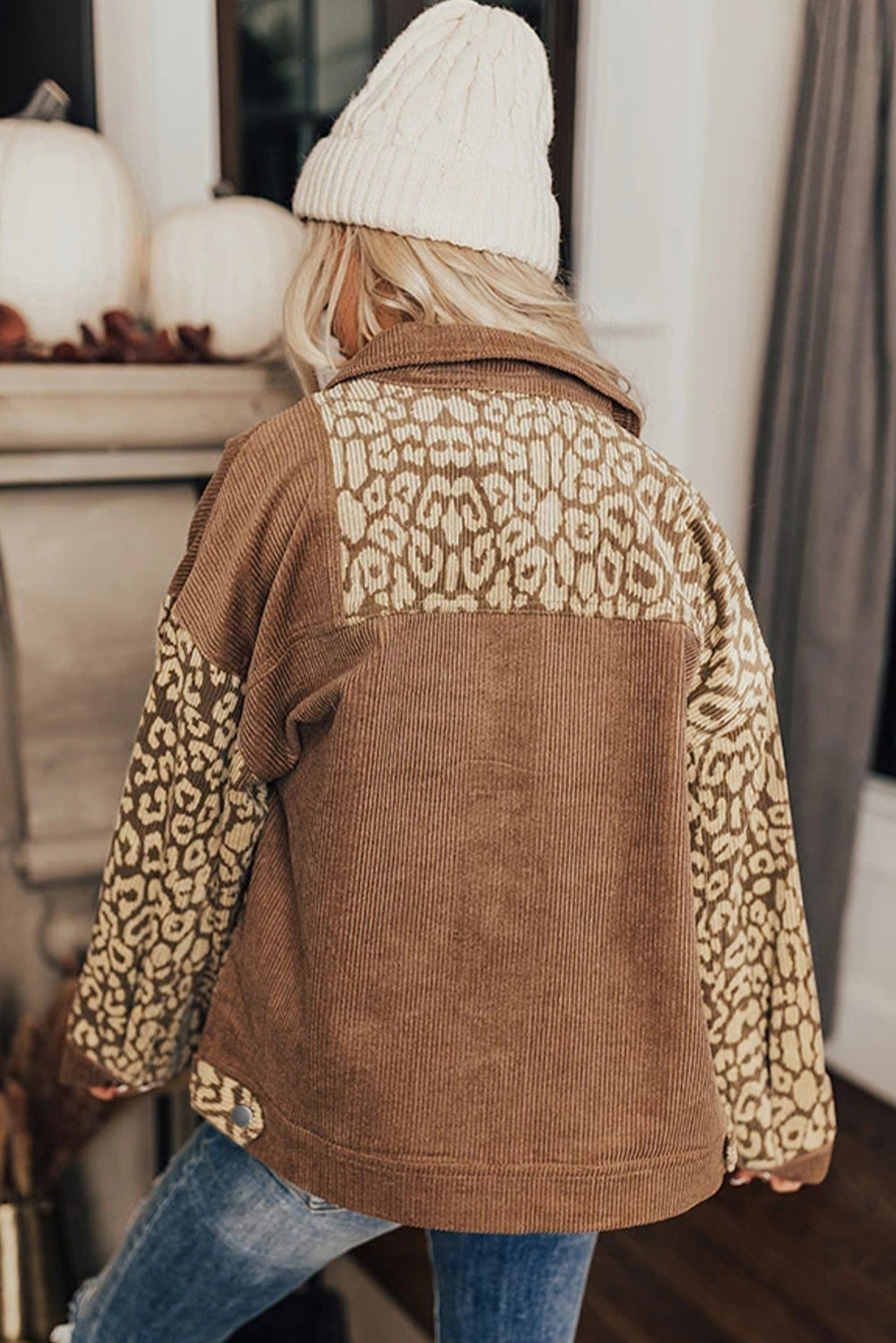 Leopard Button Up Drop Shoulder Jacket Trendsi