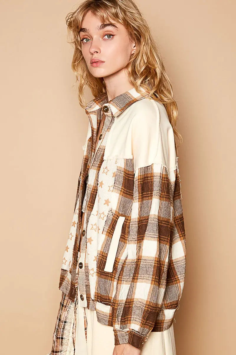 POL Plaid & Star Patchwork Contrast Long Sleeve Shacket Trendsi