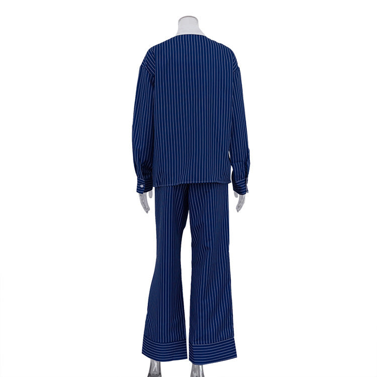 Polo Collar Stripes Shirt Casual Pants Suit ARZ