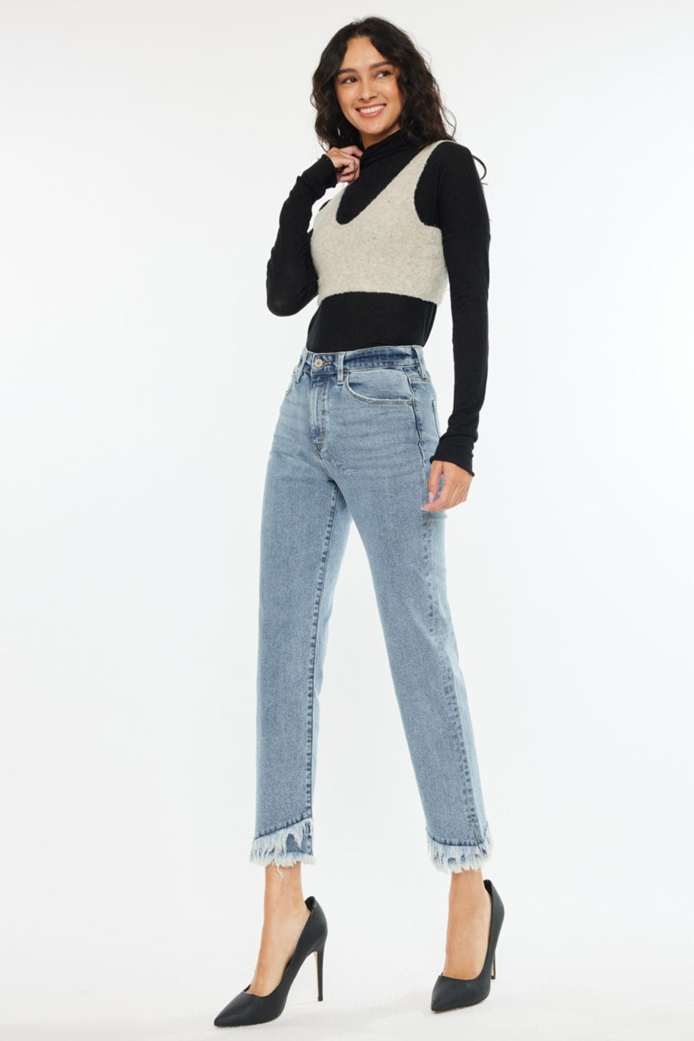 Kancan Raw Hem High Rise Straight Jeans Trendsi