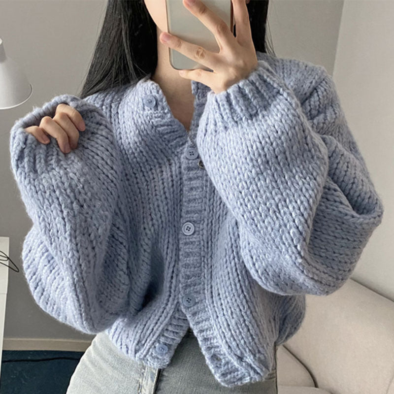 Women's Round Neck Lantern Sleeve Knitted Cardigan ARZ