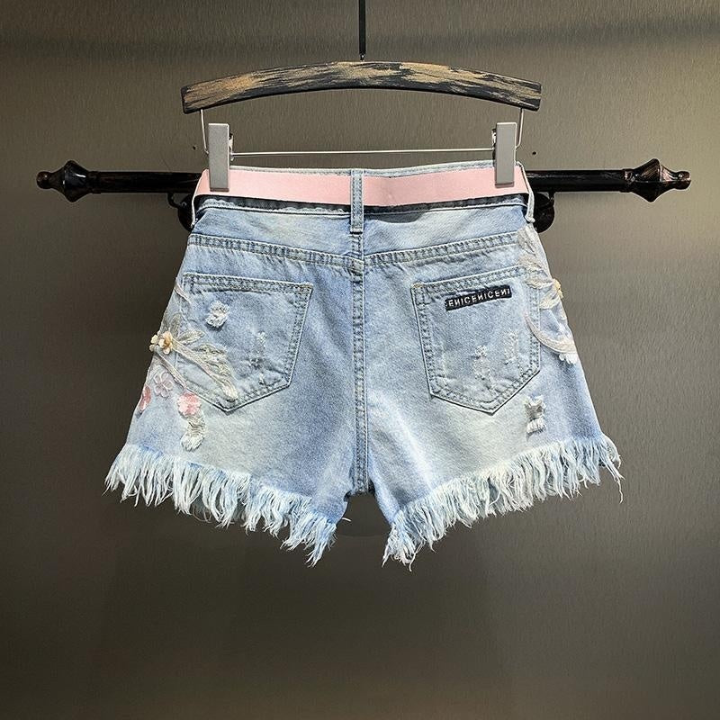 New Embroidery Beads Loose Straight Denim Shorts Women ARZ