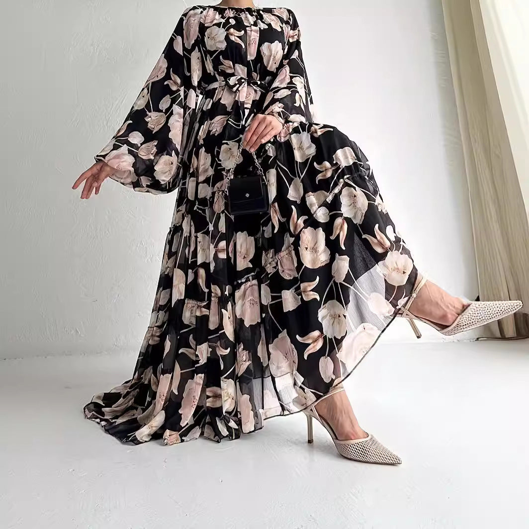 Middle East Chiffon Flower Print Long Fashion Elegant Dress ARZ