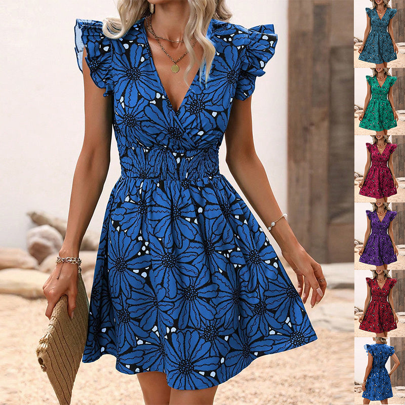 New Flowers Print Ruffled Sleeveless Dress Summer Sexy Deep V-neck Slim-waist Short Dresses For Womens Clothing ARZ