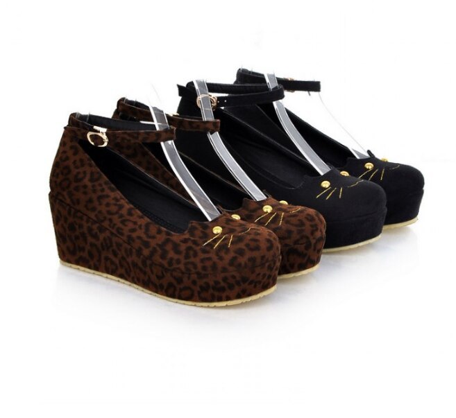 Cat Head Leopard Print Wedge Single Shoes Women Platform Platform Shoes ARZ