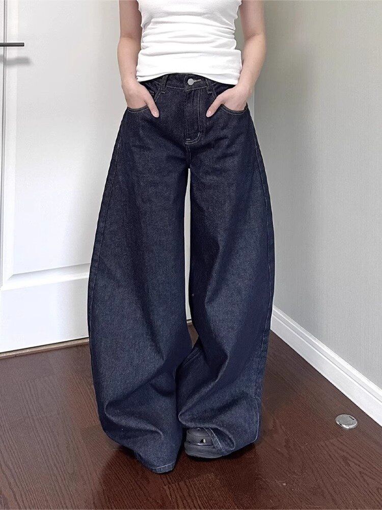 American High Street Vibe Dark Blue Jeans Washed Loose High Waist Straight Mopping Pants ARZ