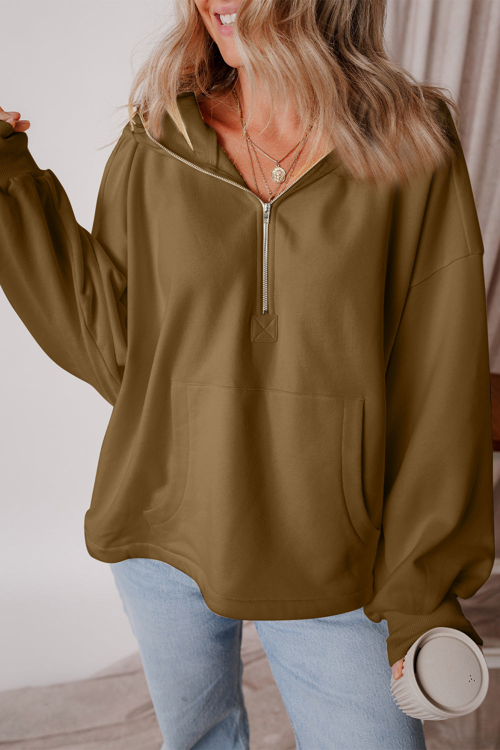 Pocketed Half Zip Dropped Shoulder Hoodie Trendsi