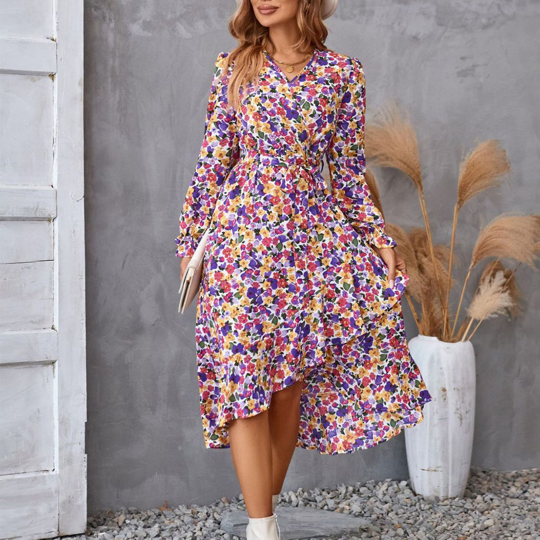 Flowers Print Long Sleeve Dress Fashion Ruffled Commuter Temperament Dresses Womens Clothing ARZ