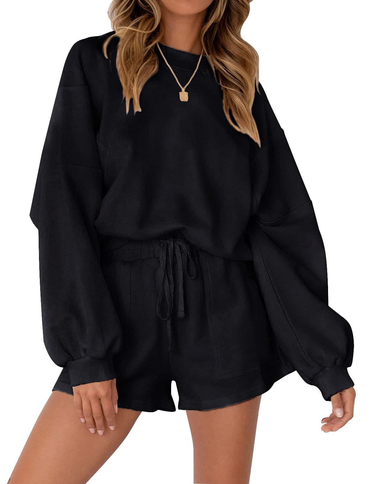 Casual Sports Sweatshirt Suits Loose Pullover Top And Drawstring Shorts Two-piece Set Womens Clothing ARZ