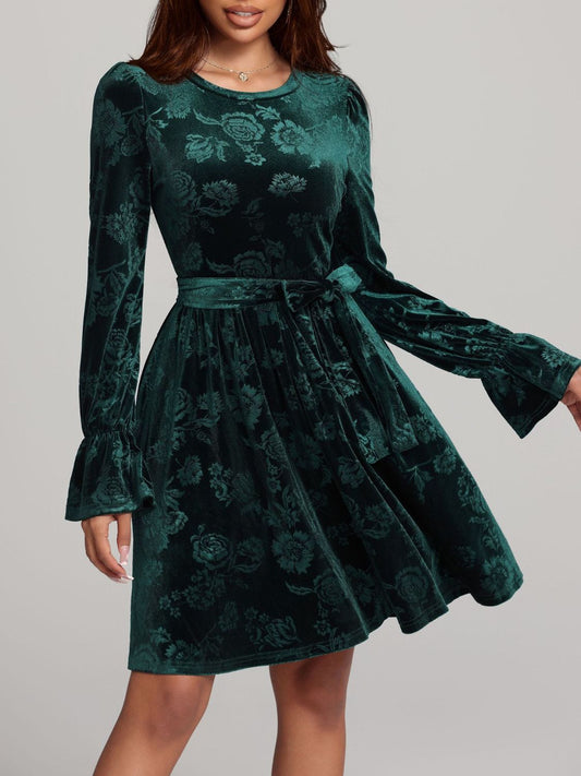 Tied Flower Print Round Neck Flounce Sleeve Dress Trendsi