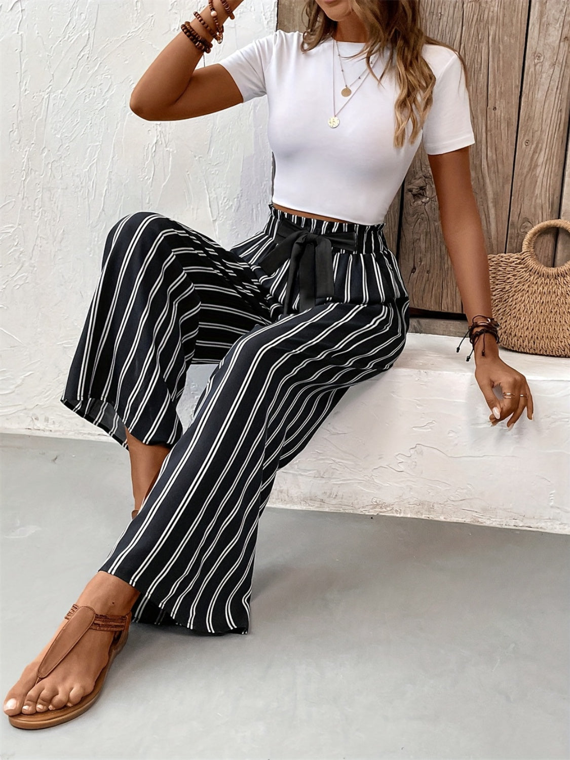 Striped High Waist Wide Leg Pants Trendsi