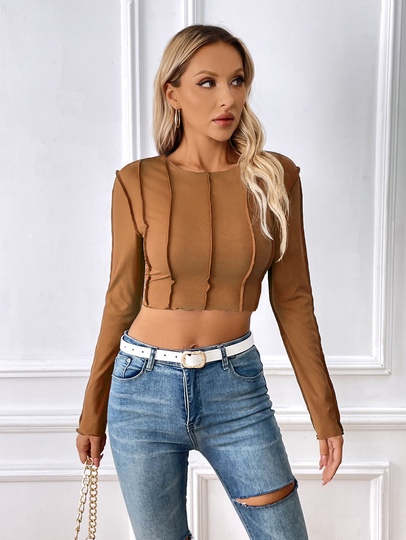 New Slim Long Sleeve T-shirt With Exposed Stitching Design Y2K Fashion Sexy Navel-exposed Short Top Womens Clothing ARZ