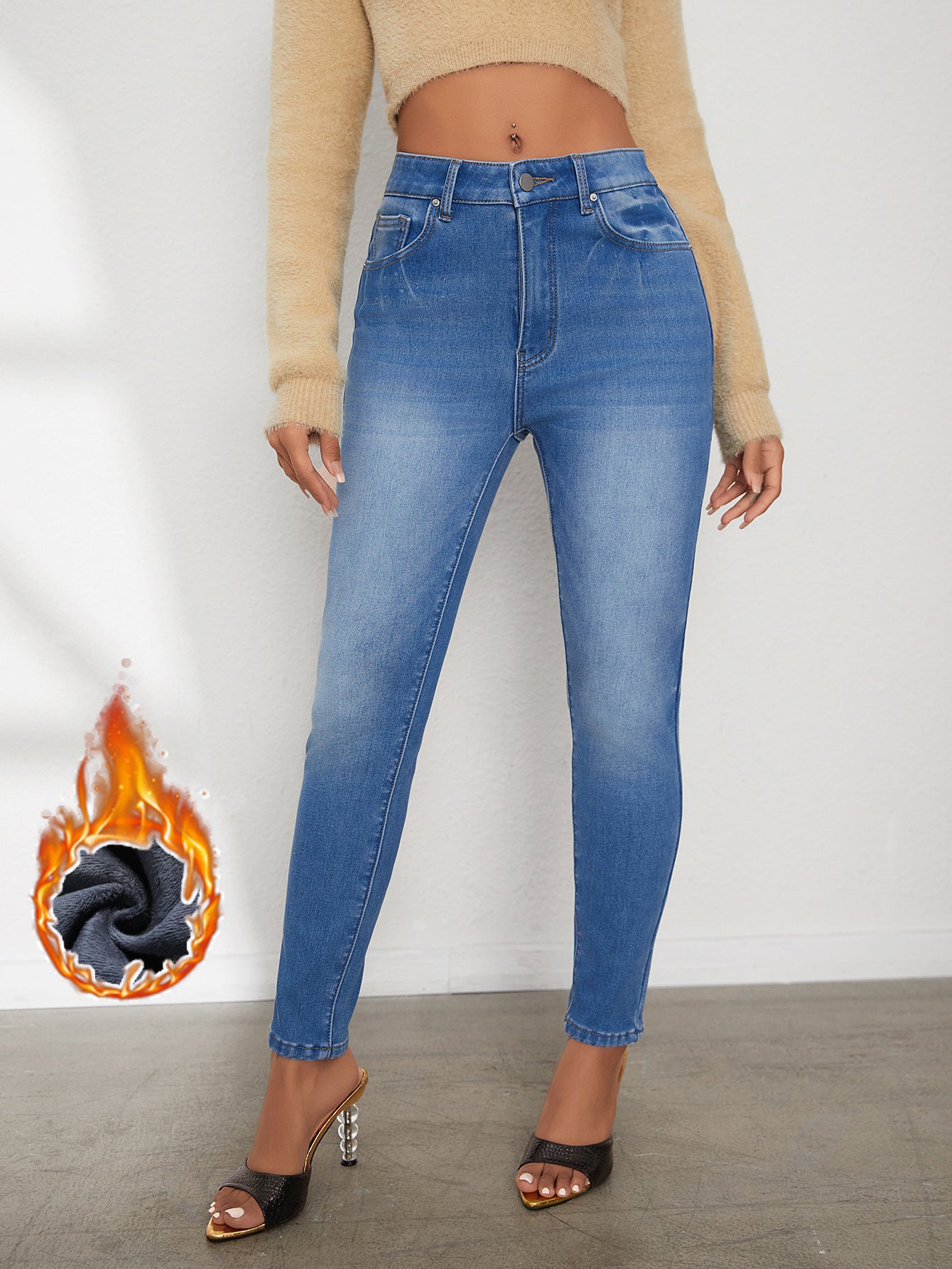 Ladies' High Waisted Comfortable Small Feet With Plush Jeans ARZ