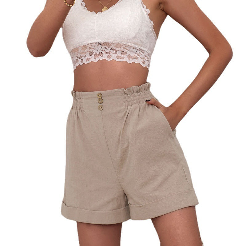 Cotton And Linen Loose Pants Casual Women's Elastic Waist Wide Leg Shorts ARZ