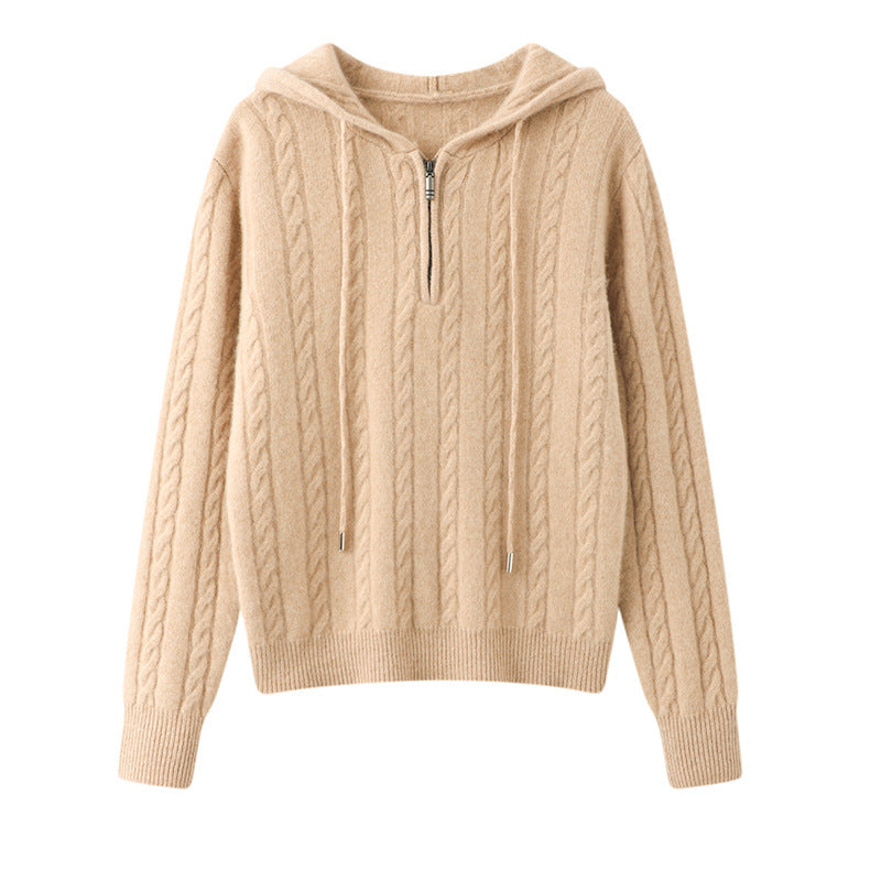 Cashmere Sweater Women's Hooded Twist Half-open Collar Sweater ARZ