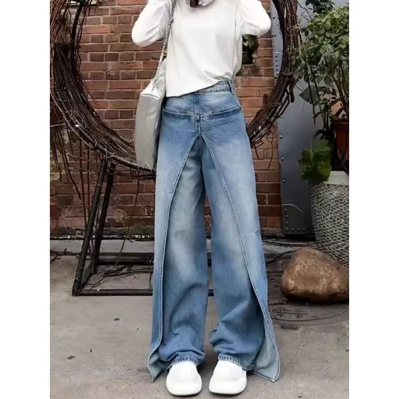 Women's High Waist Reverse Personalized Wide-leg Mop Straight Jeans ARZ